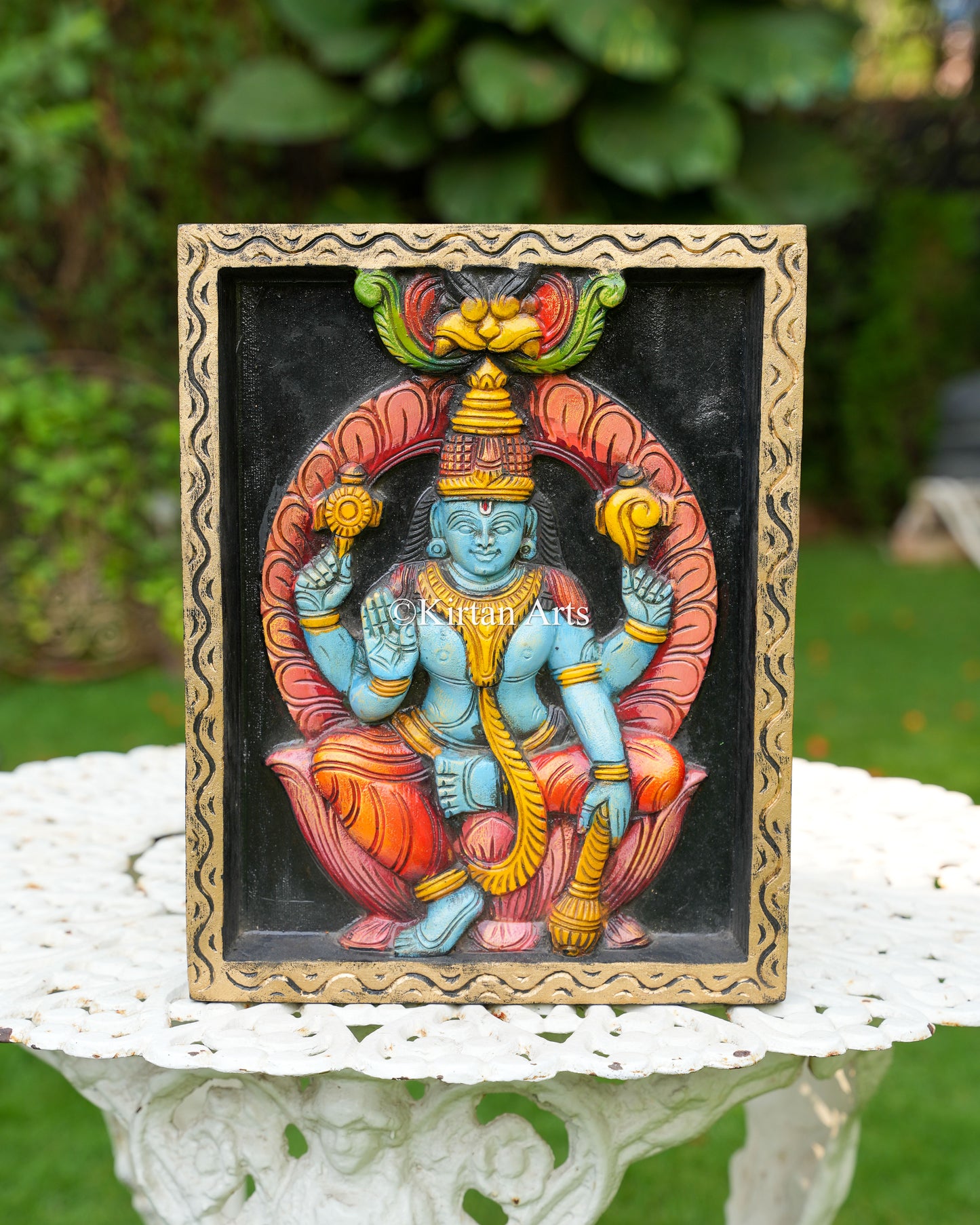 Hand-Carved Solid Wood Lord Vishnu Panel – 15-Inch Traditional Chaturbhuj Mahavishnu Polychrome Wall Art Plaque