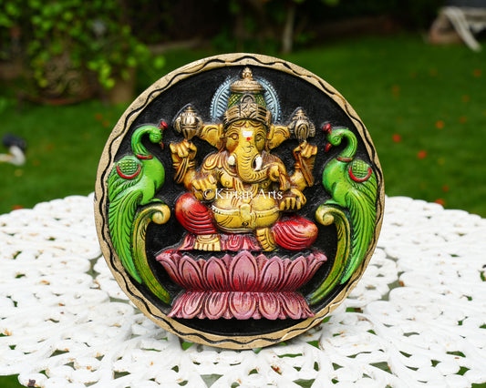 Hand-Carved Solid Wood Lord Ganesha Circular Panel – 12-Inch Traditional Ganesha Polychrome Wall Plaque