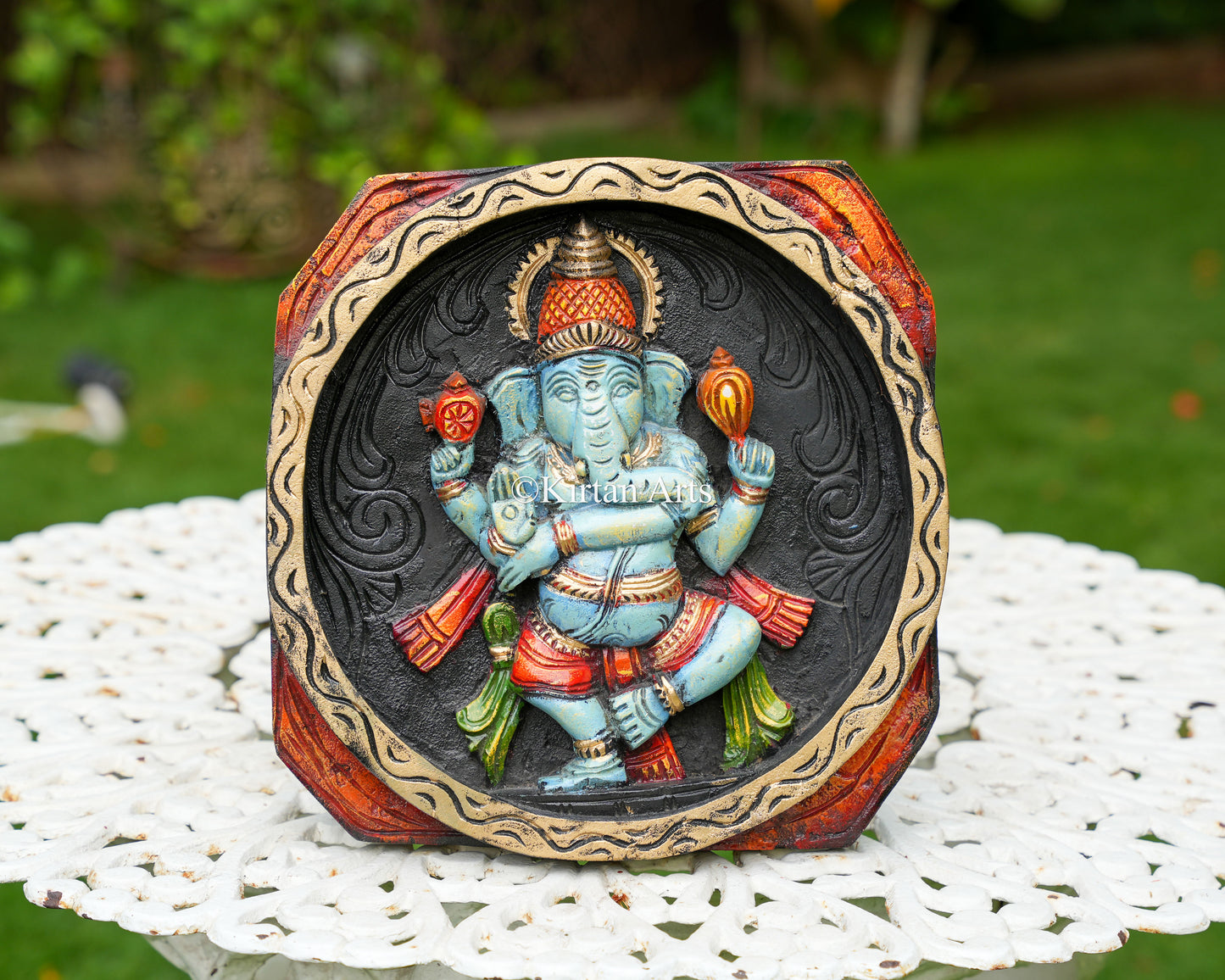 Hand-Carved Solid Wood Dancing Ganesha Panel – 12-Inch Traditional Nritya Ganesha Polychrome Wall Art Plaque