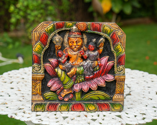 Hand-Carved Solid Wood Lakshmi Narasimha Panel – 12-Inch Traditional Polychrome Wall Art Plaque