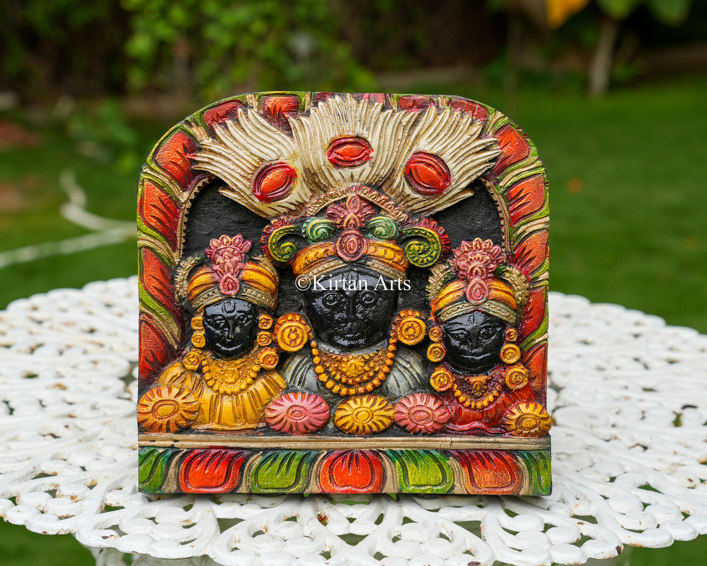 Hand-Carved Solid Wood Jagannath, Balabhadra, and Subhadra Panel – 12-Inch Traditional Puri Jagannath Polychrome Wall Art Plaque