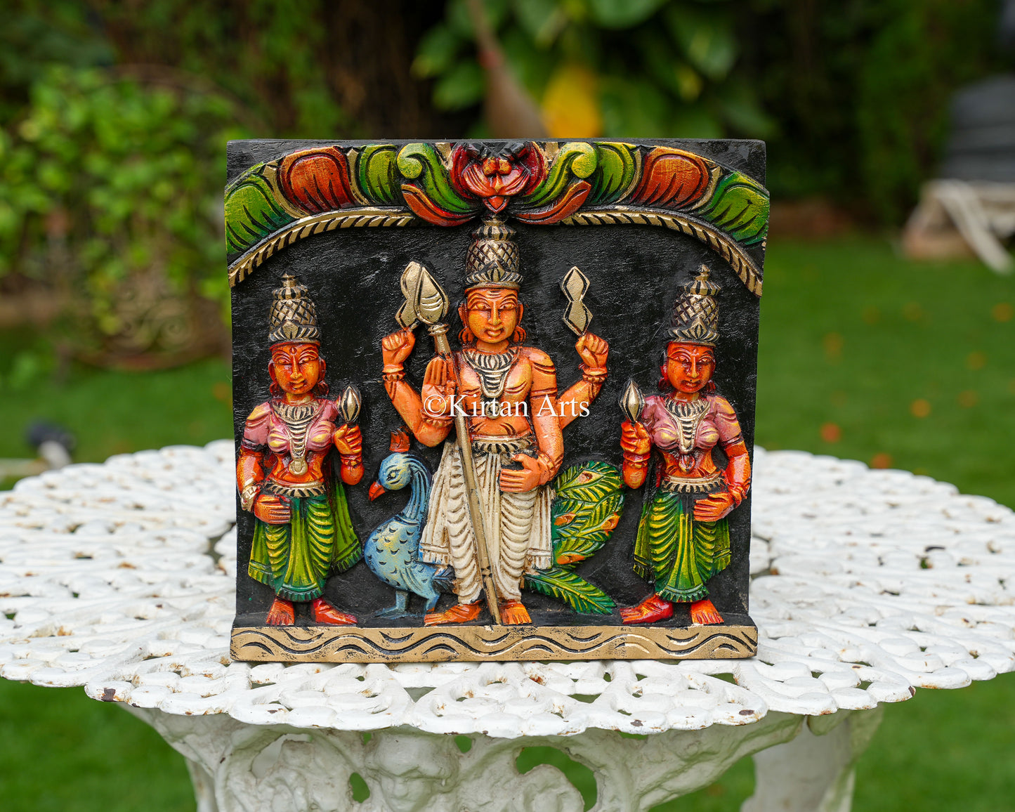 Hand-Carved Solid Wood Lord Murugan Panel – 12-Inch Traditional Kartikeya, Valli, and Deivanai Polychrome Wall Art Plaque