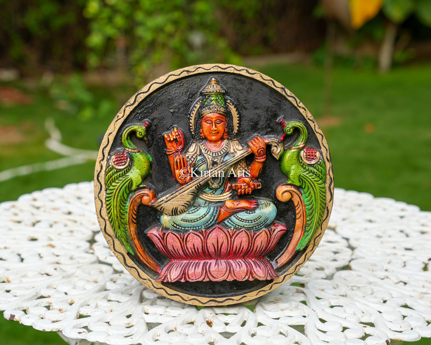 Hand-Carved Solid Wood Goddess Saraswati Circular Panel – 12-Inch Traditional Veena Saraswati Polychrome Wall Plaque