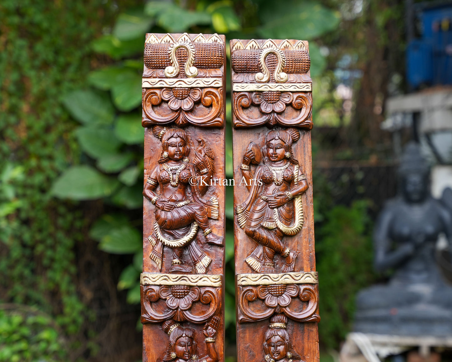 Hand-Carved Solid Wood Dancing Forms Vertical Panels – 72x6 Inch Traditional Classical Dancer & Musician Polychrome Doorway Border (Pair)