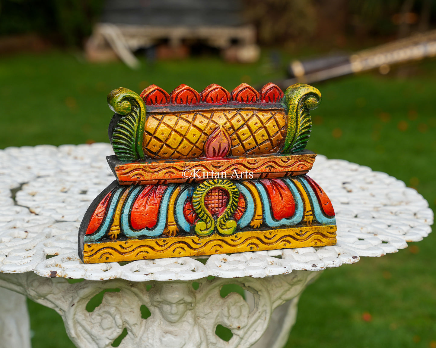 Hand-Carved Solid Wood Gopuram Wall Art – 12-Inch Traditional South Indian Temple Ridge Polychrome Plaque