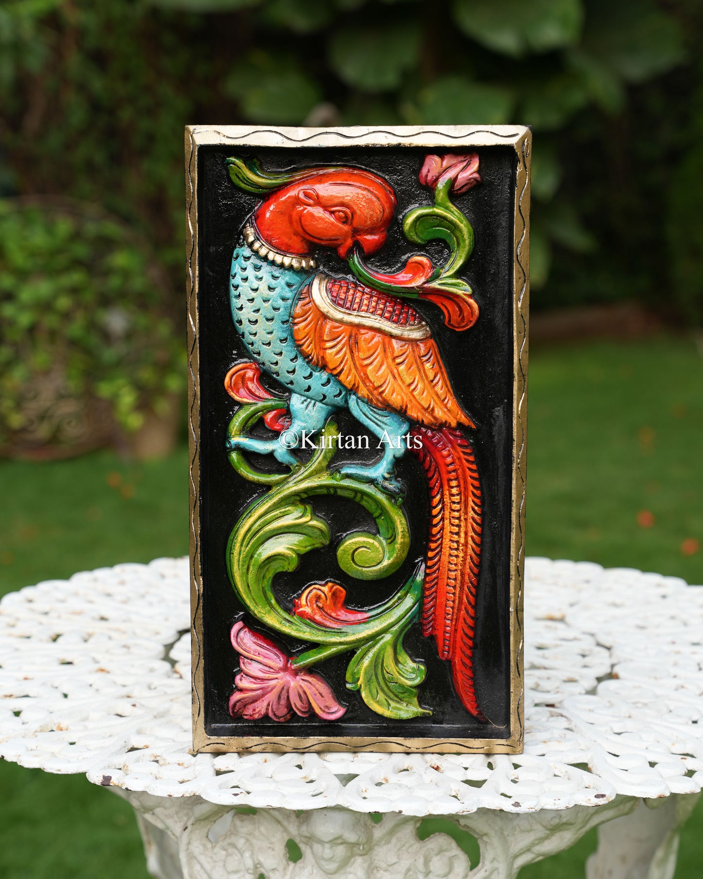 Hand-Carved Solid Wood Royal Peacock Panel – 18x10 Inch Traditional South Indian Mayura Polychrome Wall Art Plaque