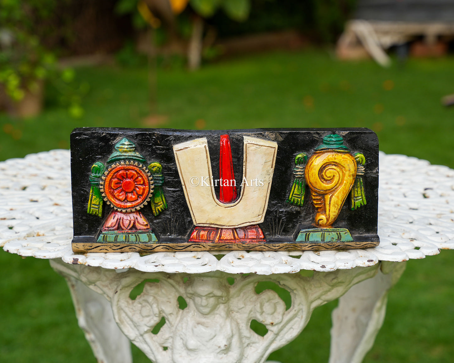 Hand-Carved Solid Wood Shanku Chakra Namam Panel – 14-Inch Traditional Tirupati Balaji Symbols Polychrome Wall Plaque