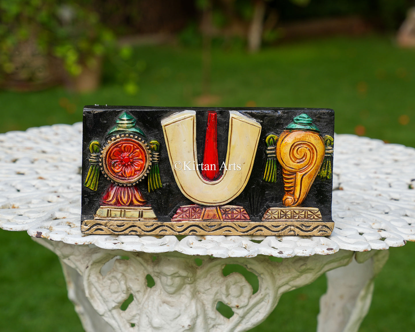 Hand-Carved Solid Wood Shanku Chakra Namam Panel – 12-Inch Traditional Tirupati Balaji Symbols Polychrome Wall Plaque