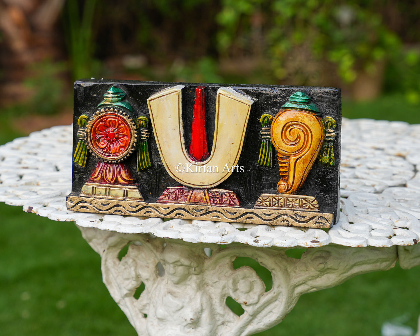 Hand-Carved Solid Wood Shanku Chakra Namam Panel – 12-Inch Traditional Tirupati Balaji Symbols Polychrome Wall Plaque