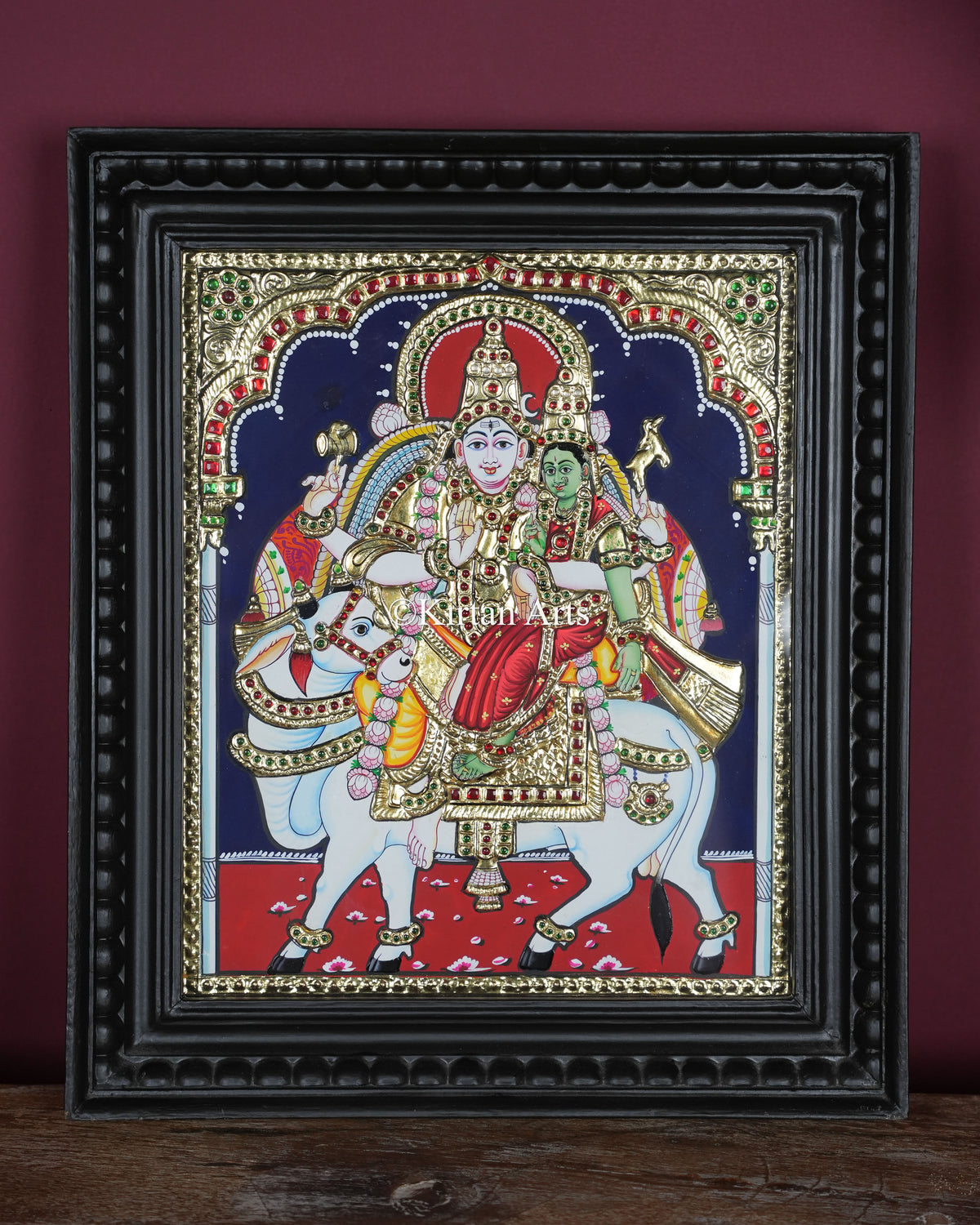 Divine Rishabharoodha Shiva Parvati Tanjore Painting – 12x10 Inch Traditional Gold Foil Wall Art (15x13 Inches with Frame)