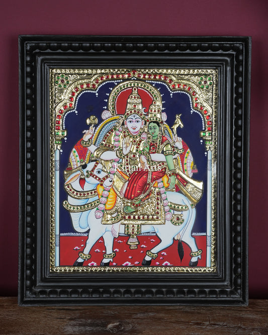 Divine Rishabharoodha Shiva Parvati Tanjore Painting – 12x10 Inch Traditional Gold Foil Wall Art (15x13 Inches with Frame)