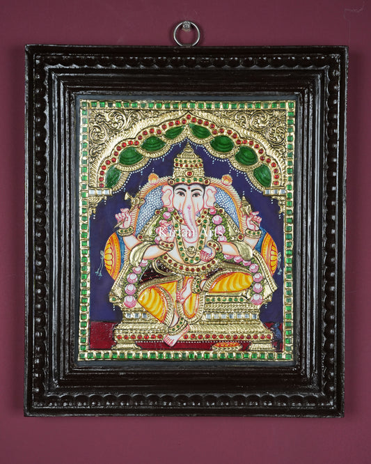 Divine Ganesha Tanjore Painting – 12x10 Inch Traditional Gold Foil Wall Art (15x13 Inches with Frame)