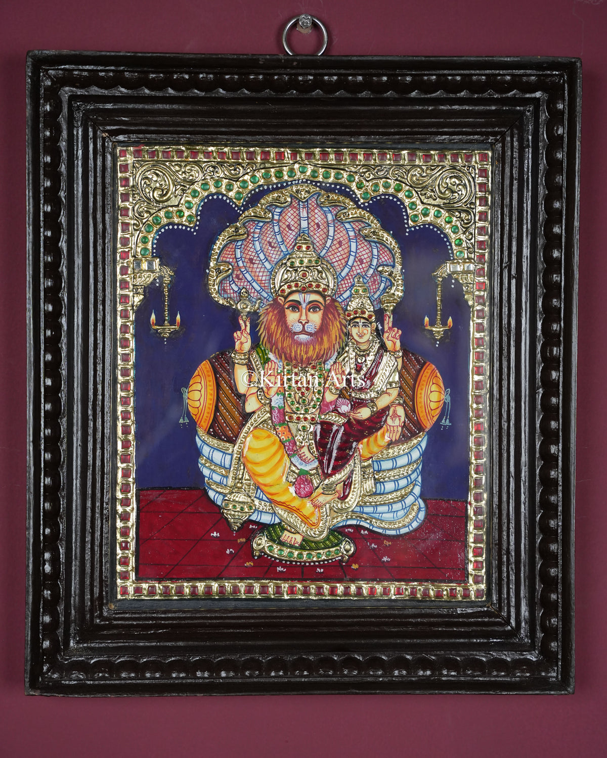 Divine Lakshmi Narasimha Tanjore Painting – 12x10 Inch Traditional Gold Foil Wall Art (15x13 Inches with Frame)