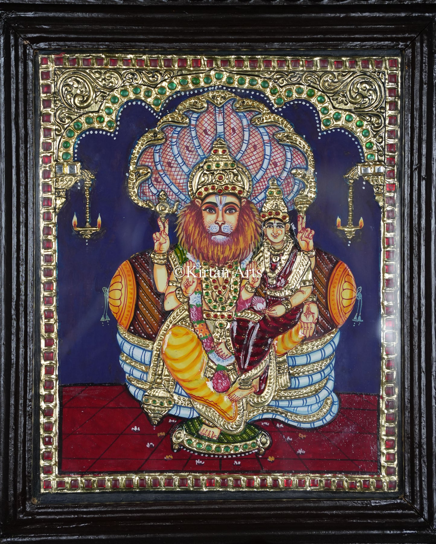 Divine Lakshmi Narasimha Tanjore Painting – 12x10 Inch Traditional Gold Foil Wall Art (15x13 Inches with Frame)