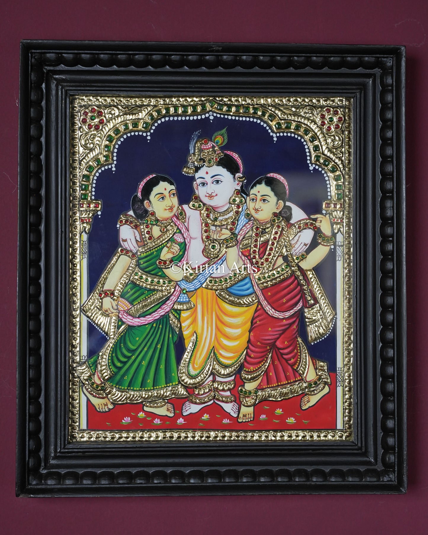 Divine Krishna with Rukmini and Satyabhama Tanjore Painting – 12x10 Inch Traditional Gold Foil Wall Art (15x13 Inches with Frame)