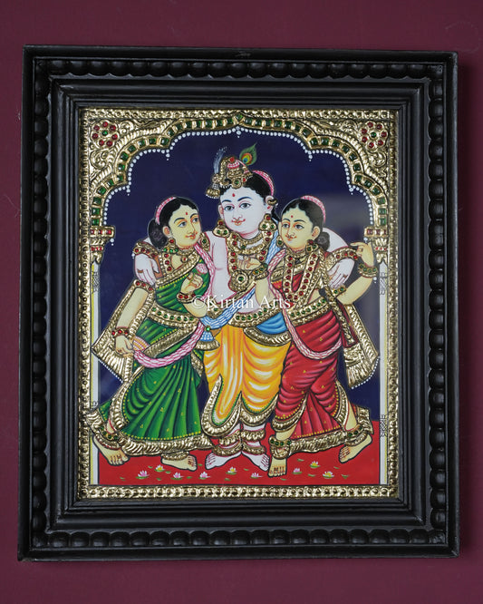 Divine Krishna with Rukmini and Satyabhama Tanjore Painting – 12x10 Inch Traditional Gold Foil Wall Art (15x13 Inches with Frame)