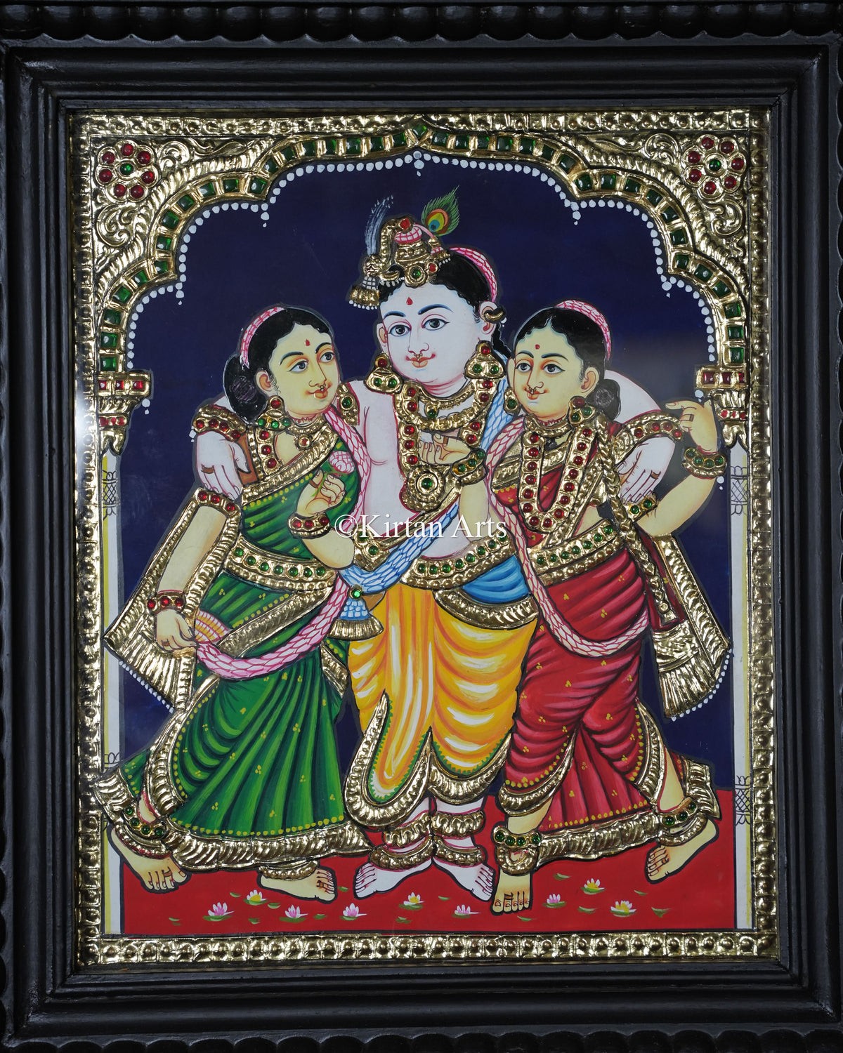 Divine Krishna with Rukmini and Satyabhama Tanjore Painting – 12x10 Inch Traditional Gold Foil Wall Art (15x13 Inches with Frame)