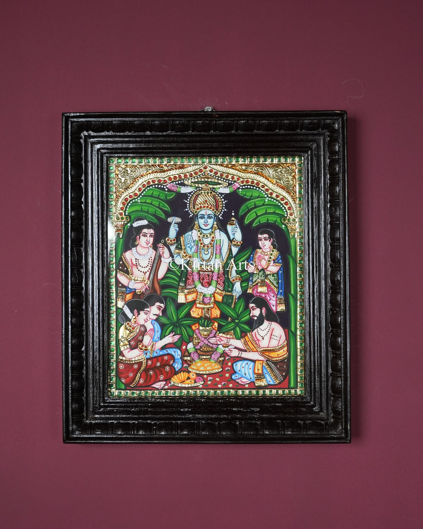 Divine Sri Satyanarayana Swamy Tanjore Painting – 12x10 Inch Traditional Gold Foil Wall Art (15x13 Inches with Frame)