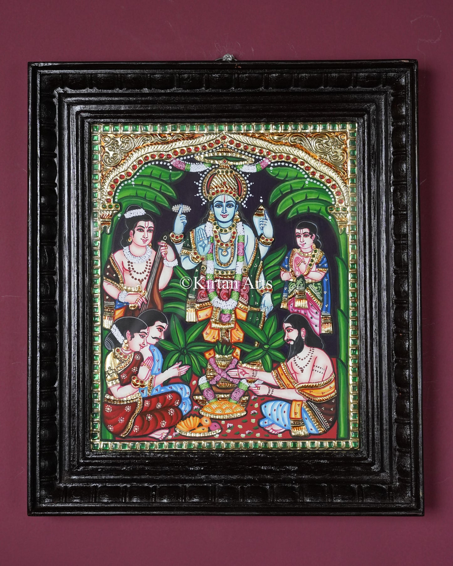 Divine Sri Satyanarayana Swamy Tanjore Painting – 12x10 Inch Traditional Gold Foil Wall Art (15x13 Inches with Frame)