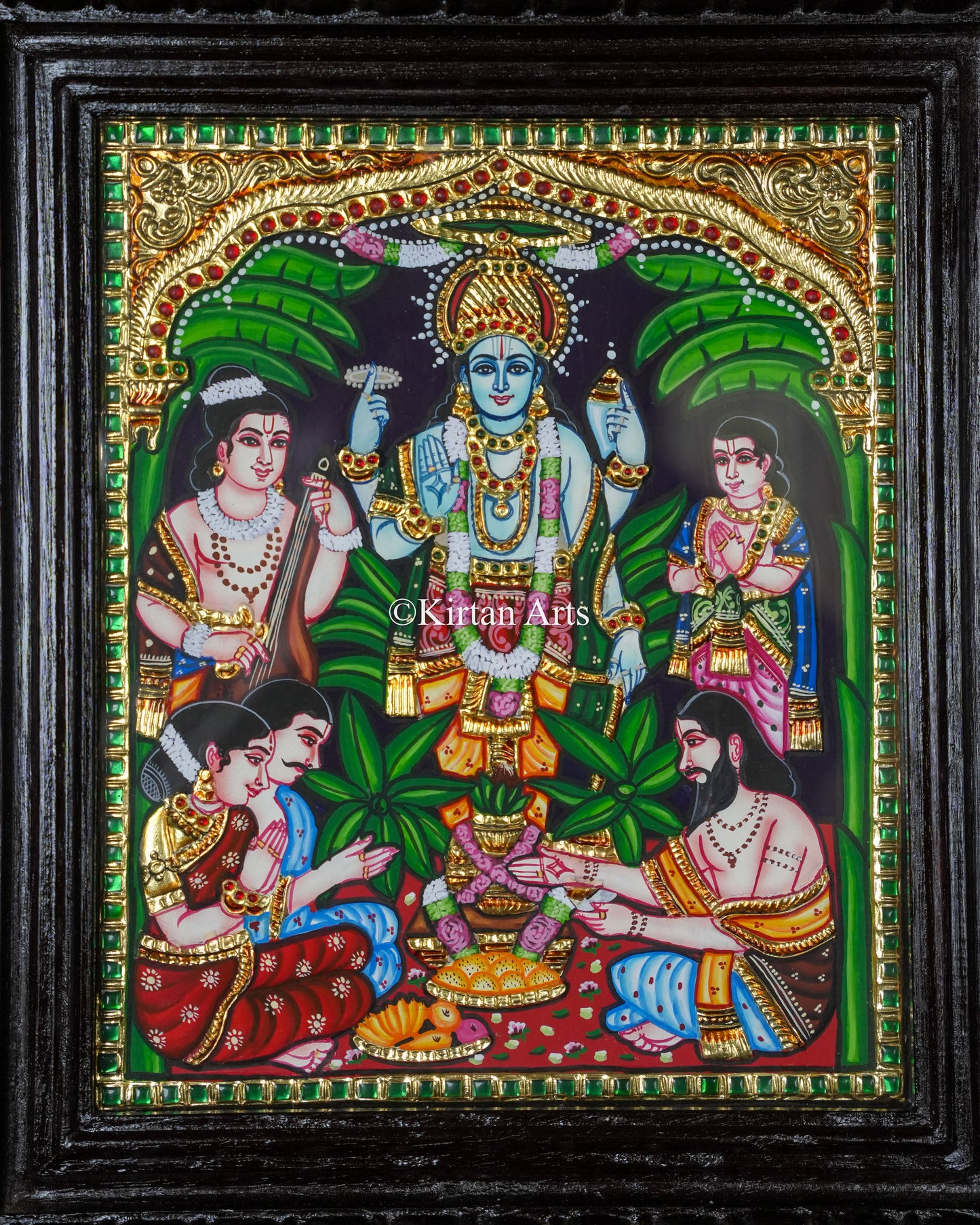 Divine Sri Satyanarayana Swamy Tanjore Painting – 12x10 Inch Traditional Gold Foil Wall Art (15x13 Inches with Frame)
