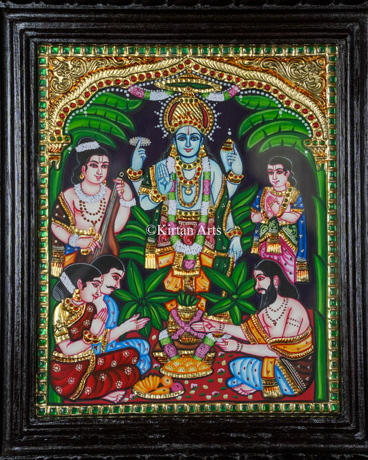 Divine Sri Satyanarayana Swamy Tanjore Painting – 12x10 Inch Traditional Gold Foil Wall Art (15x13 Inches with Frame)