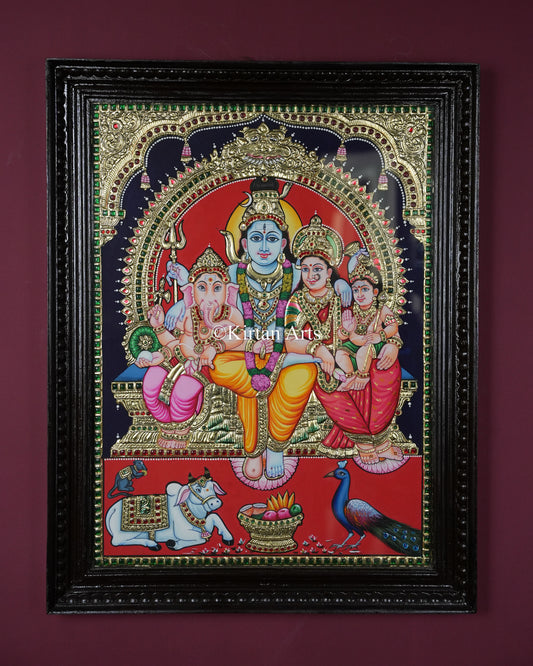 Divine Shiva Parivar Tanjore Painting – Large 24x18 Inch Traditional Gold Foil Wall Art (27x21 Inches with Frame)
