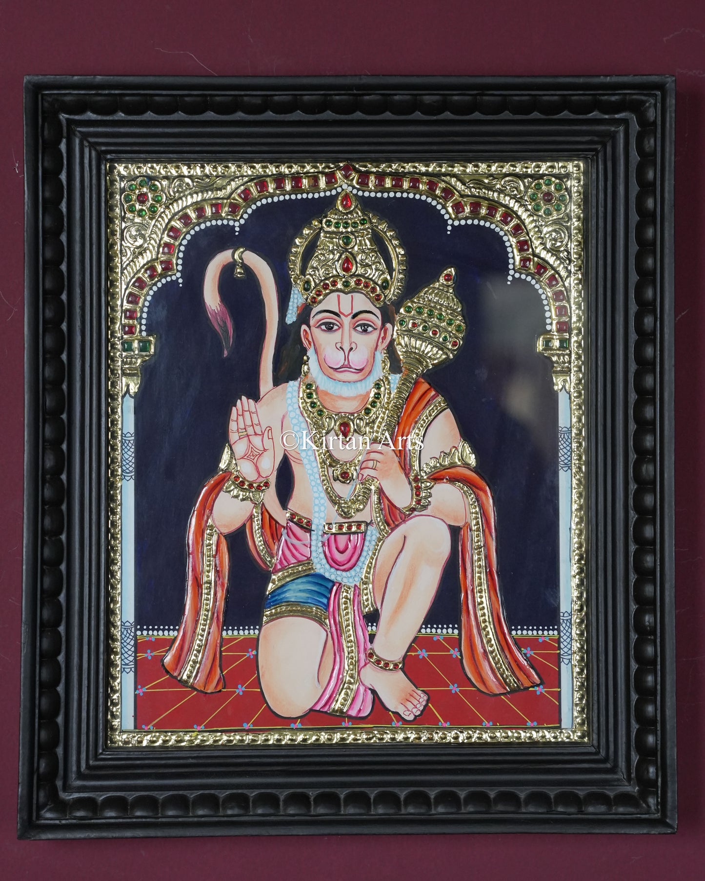 Divine Lord Hanuman Tanjore Painting – 12x10 Inch Traditional Gold Foil Wall Art (15x13 Inches with Frame)