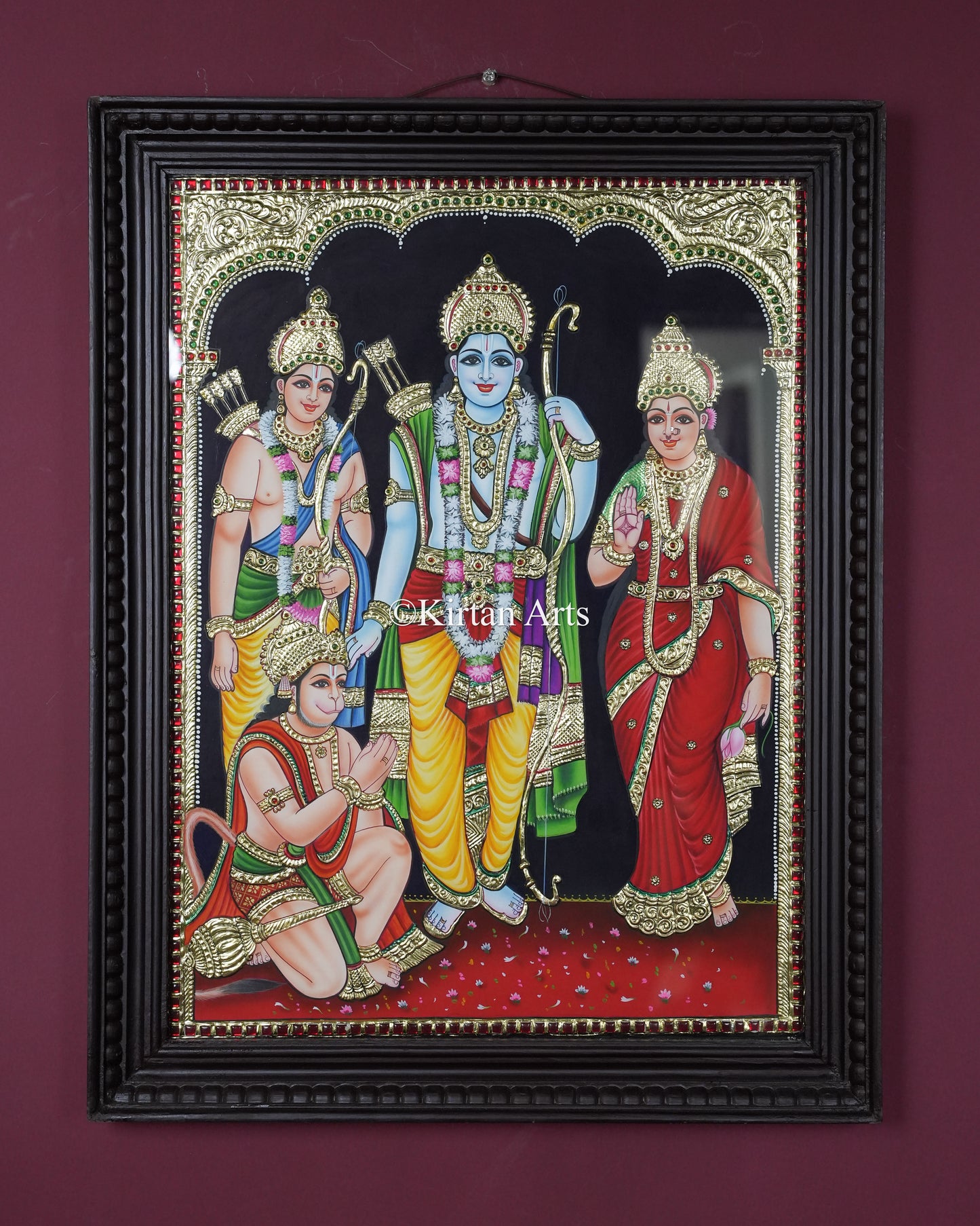 Divine Ram Parivar Tanjore Painting – 24x18 Inch Traditional Gold Foil Wall Art (27x21 Inches with Frame)