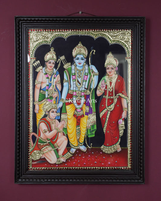 Divine Ram Parivar Tanjore Painting – 24x18 Inch Traditional Gold Foil Wall Art (27x21 Inches with Frame)