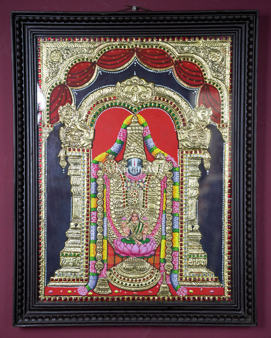 Divine Tirupati Balaji with Lakshmi Tanjore Painting – 24x18 Inch Traditional Gold Foil Wall Art (27x21 Inches with Frame)