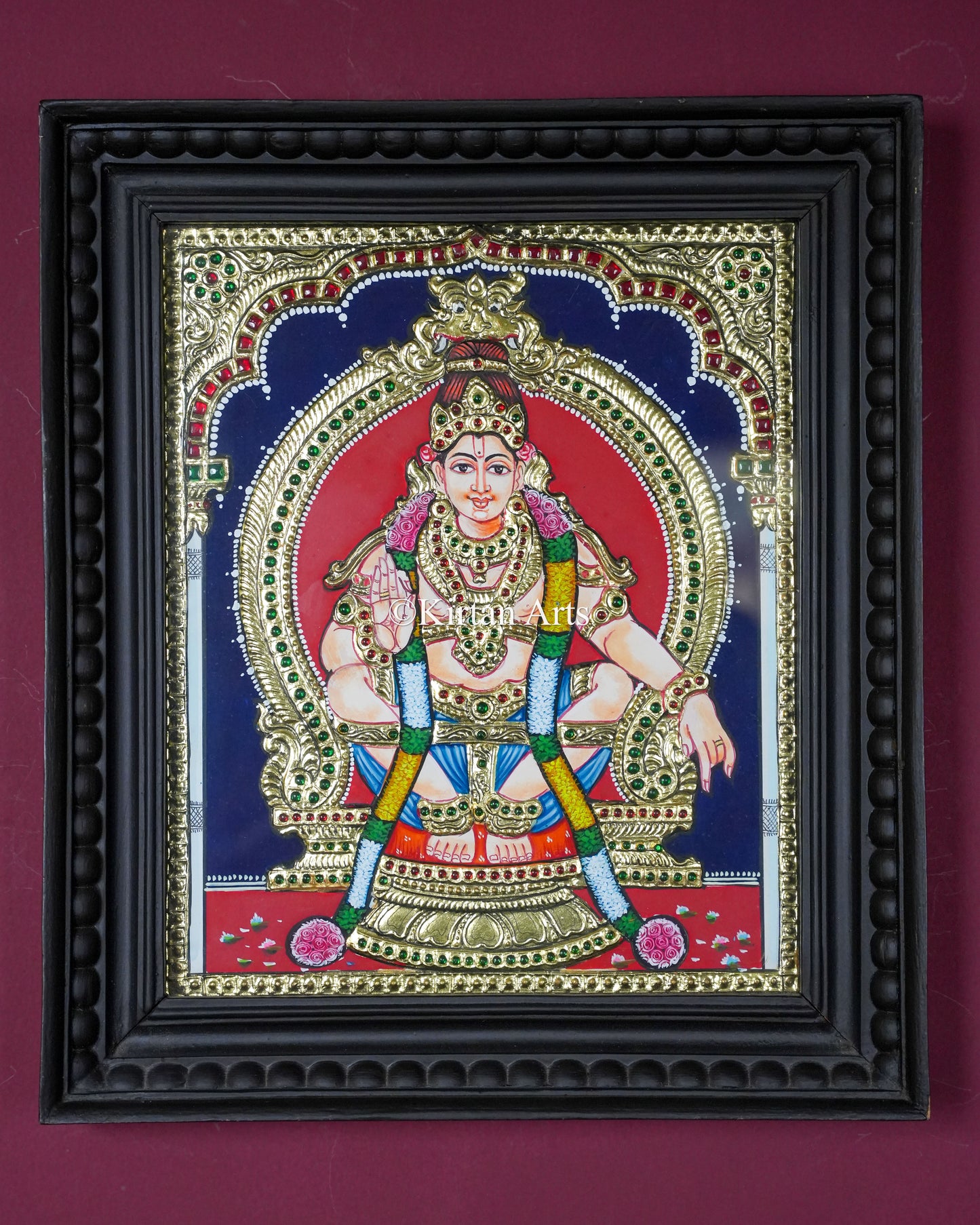 Divine Lord Ayyappa Tanjore Painting – 12x10 Inch Traditional Gold Foil Wall Art (15x13 Inches with Frame)