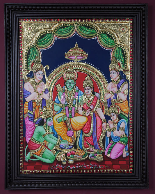 Divine Sri Ram Darbar Tanjore Painting – 24x18 Inch Traditional Gold Foil Wall Art (27x21 Inches with Frame)