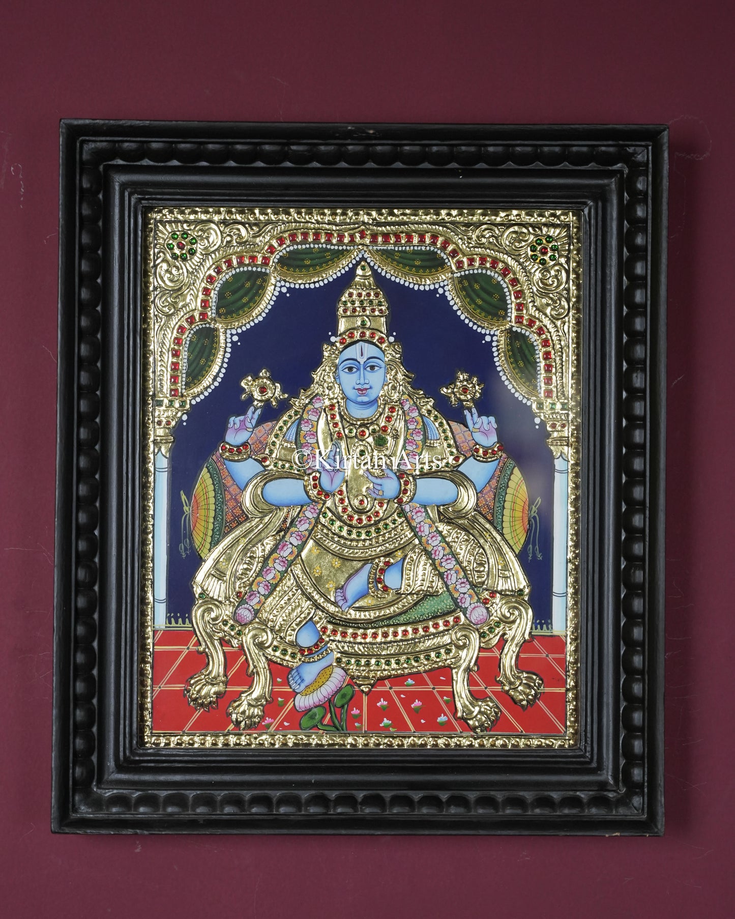 Divine Lord Vishnu Tanjore Painting – 12x10 Inch Traditional Gold Foil Wall Art (15x13 Inches with Frame)