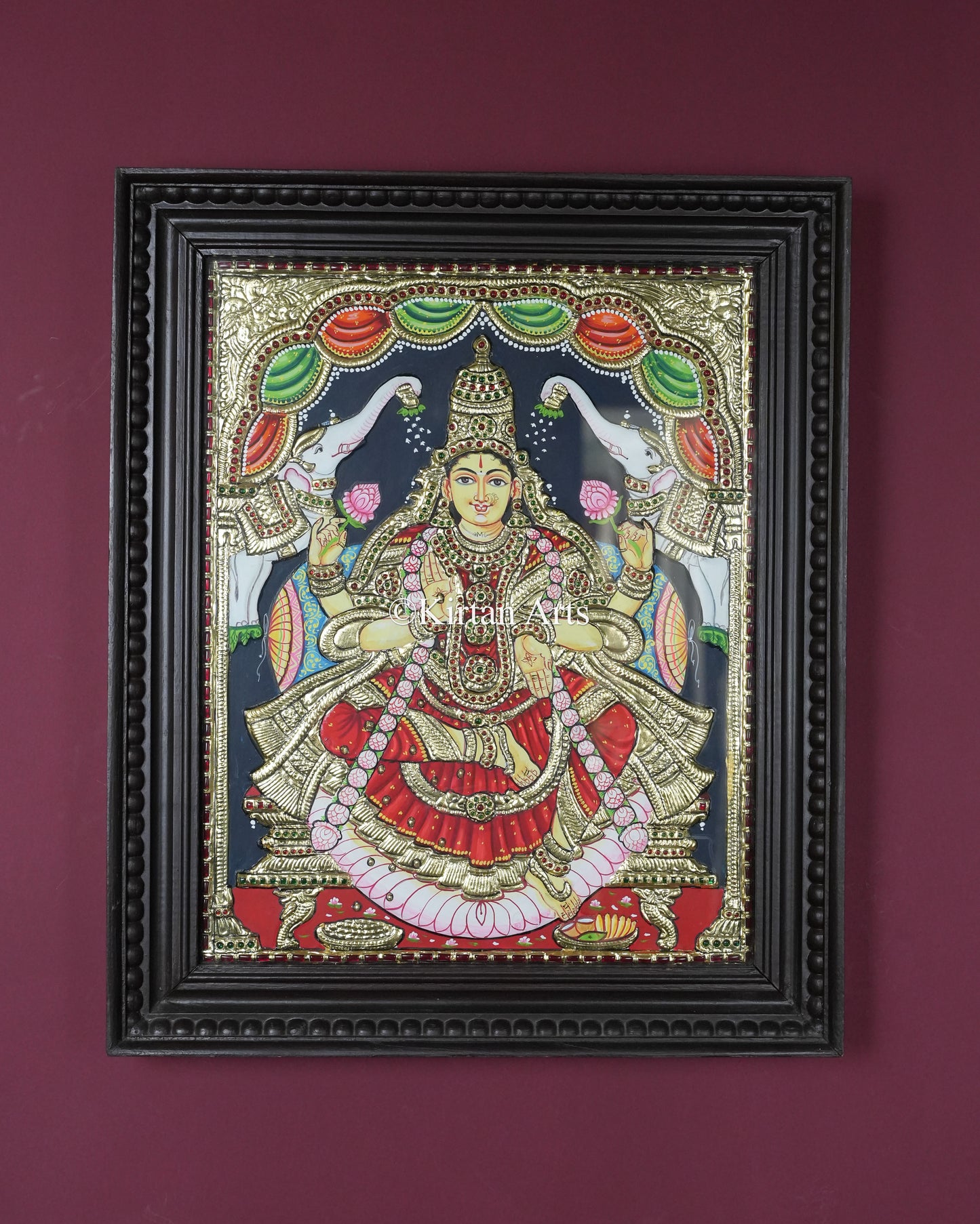 Divine Gaja Lakshmi Tanjore Painting – 20x16 Inch Traditional Gold Foil Wall Art (23x19 Inches with Frame)
