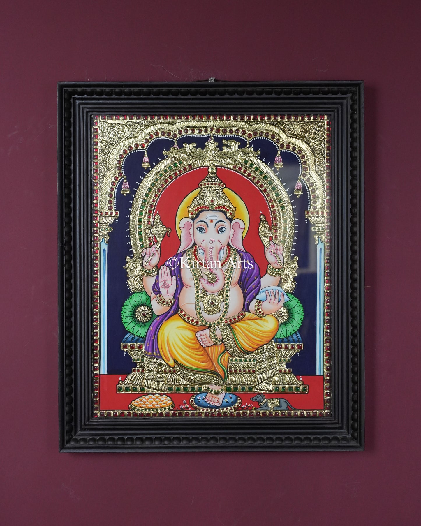 Divine Ganesha Tanjore Painting – 20x16 Inch Traditional Gold Foil Wall Art (23x19 Inches with Frame)