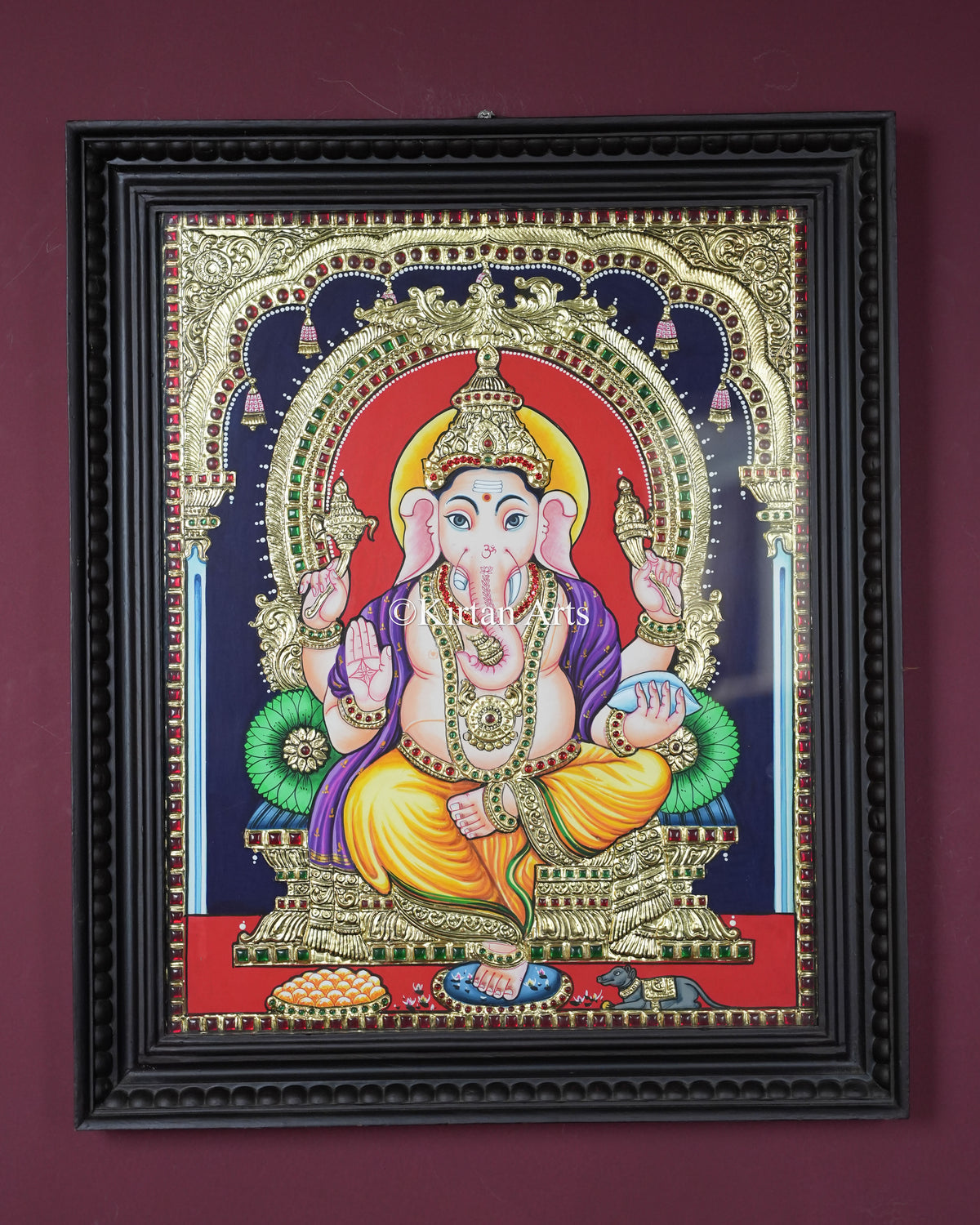 Divine Ganesha Tanjore Painting – 20x16 Inch Traditional Gold Foil Wall Art (23x19 Inches with Frame)