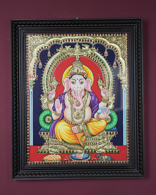 Divine Ganesha Tanjore Painting – 20x16 Inch Traditional Gold Foil Wall Art (23x19 Inches with Frame)