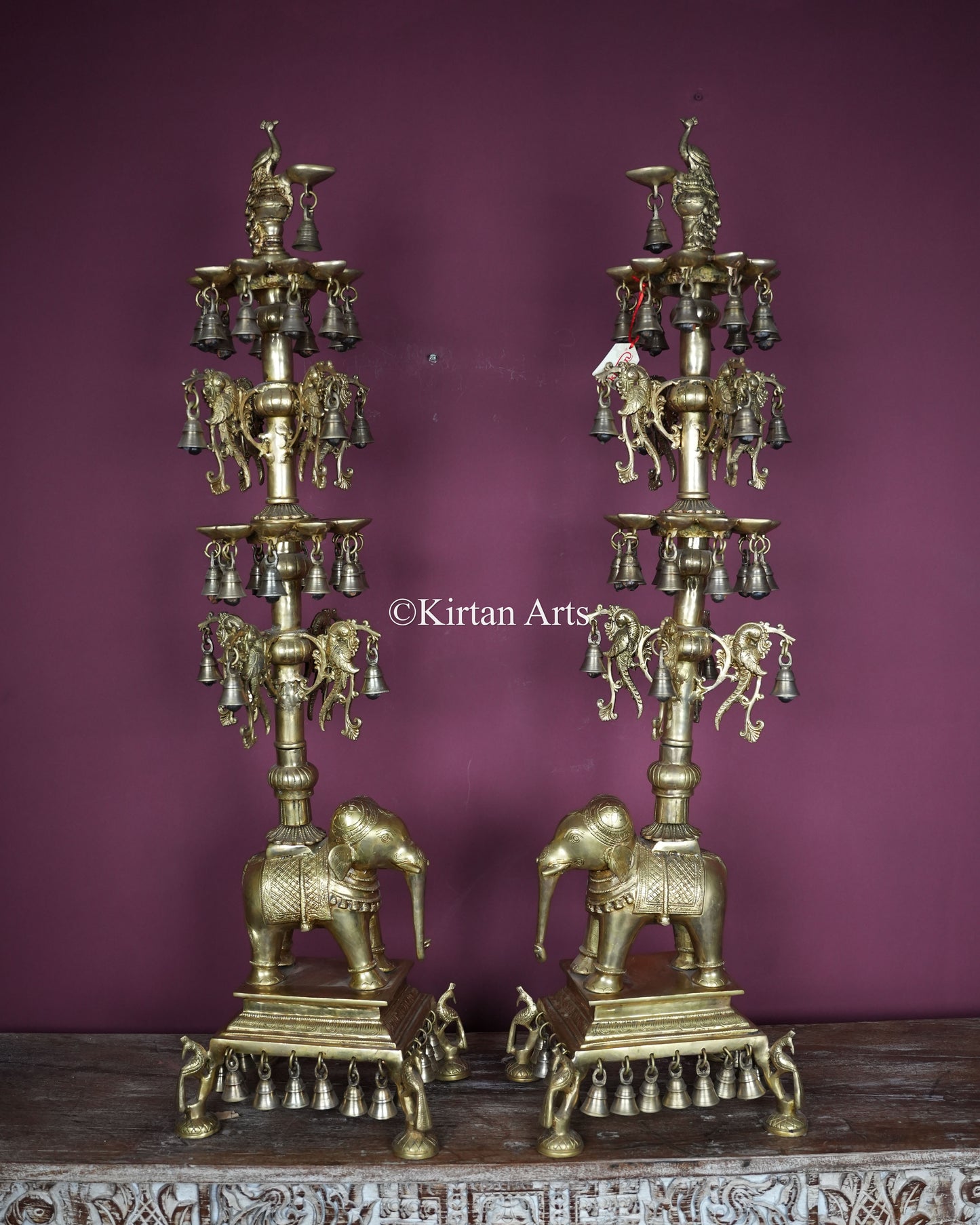 Exquisite Brass Elephant Diya Pair | 43" | Multi-Tier Lamp