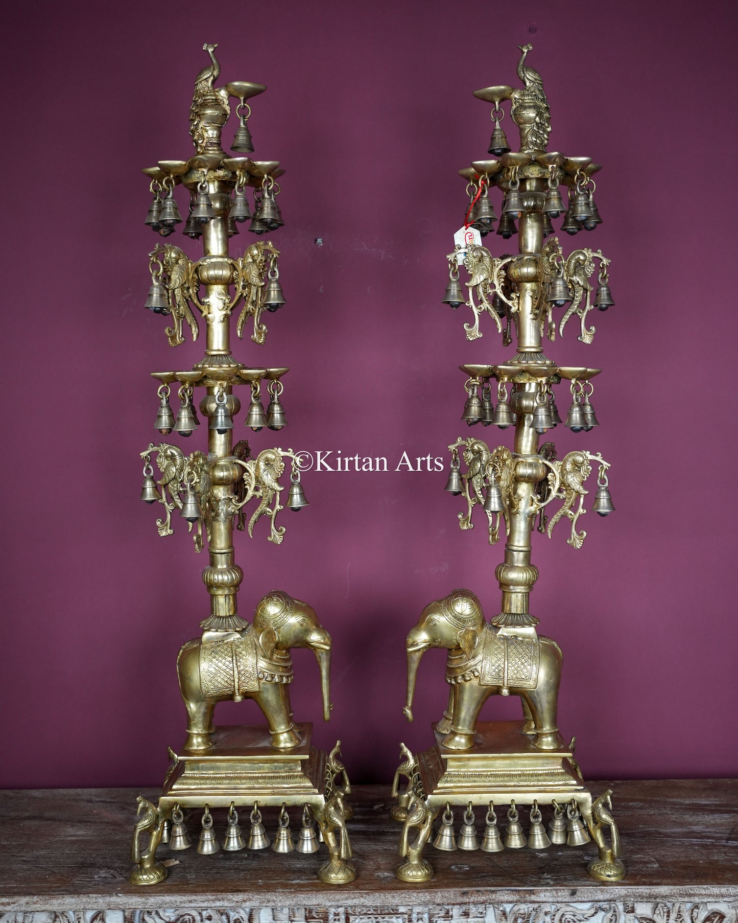 Exquisite Brass Elephant Diya Pair | 43" | Multi-Tier Lamp