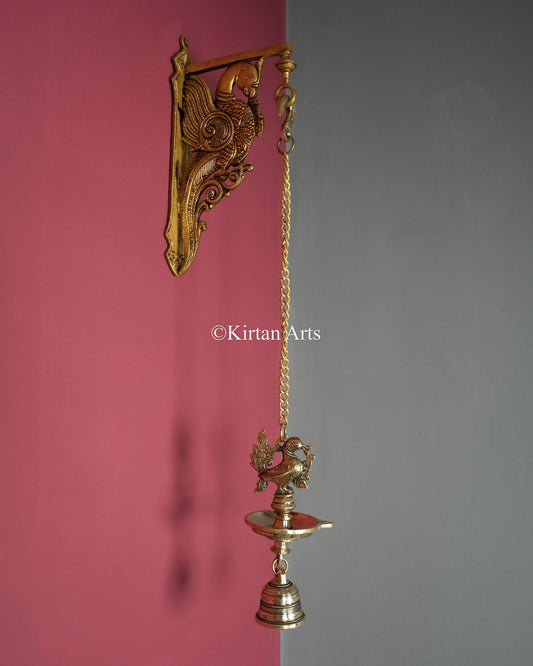 Premium Solid Brass Hanging Peacock Lamp (Single Wick) – 24-Inch Traditional Chain Diya with Carved Mayura and Bell