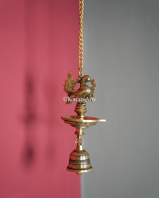 Premium Solid Brass Hanging Peacock Lamp (Single Wick) – 24-Inch Traditional Chain Diya with Carved Mayura and Bell
