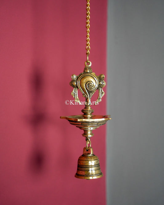 Premium Solid Brass Hanging Shanku and Chakra Lamp Pair (5 Wick) – 25-Inch Traditional Chain Diya Set with Sacred Vaishnava Motifs and Bells
