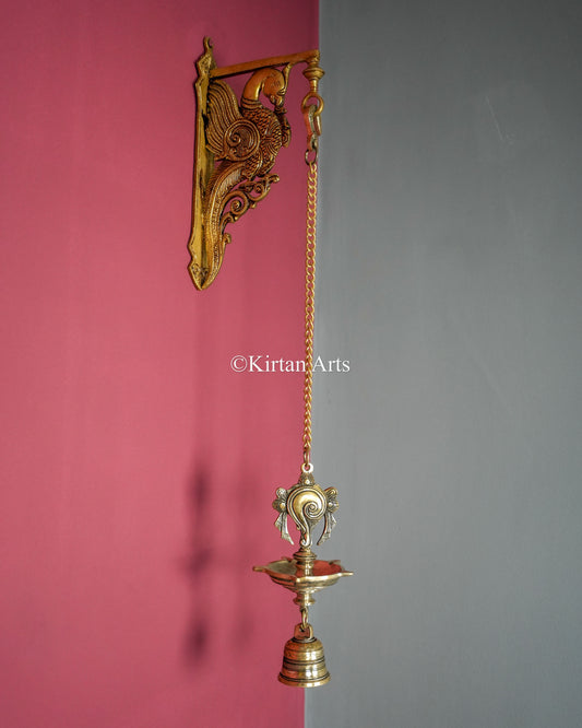 Premium Solid Brass Hanging Shanku and Chakra Lamp Pair (5 Wick) – 25-Inch Traditional Chain Diya Set with Sacred Vaishnava Motifs and Bells
