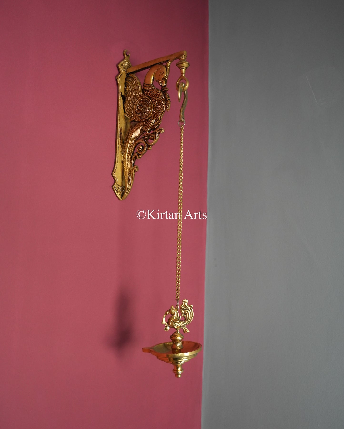 Premium Solid Brass Hanging Peacock Lamp (1 Wick) – 20-Inch Traditional Chain Diya with Carved Mayura
