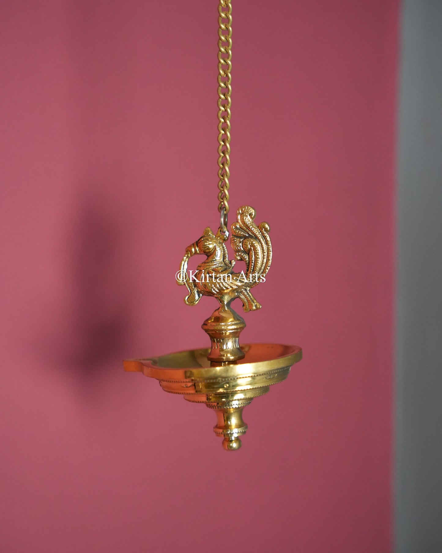 Premium Solid Brass Hanging Peacock Lamp (1 Wick) – 20-Inch Traditional Chain Diya with Carved Mayura
