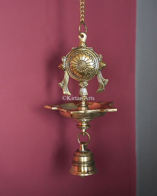 Premium Grand Solid Brass Hanging Shanku and Chakra Lamp Pair (5 Wick) – 36-Inch Traditional Chain Diya Set with Sacred Vaishnava Motifs and Heavy Bells