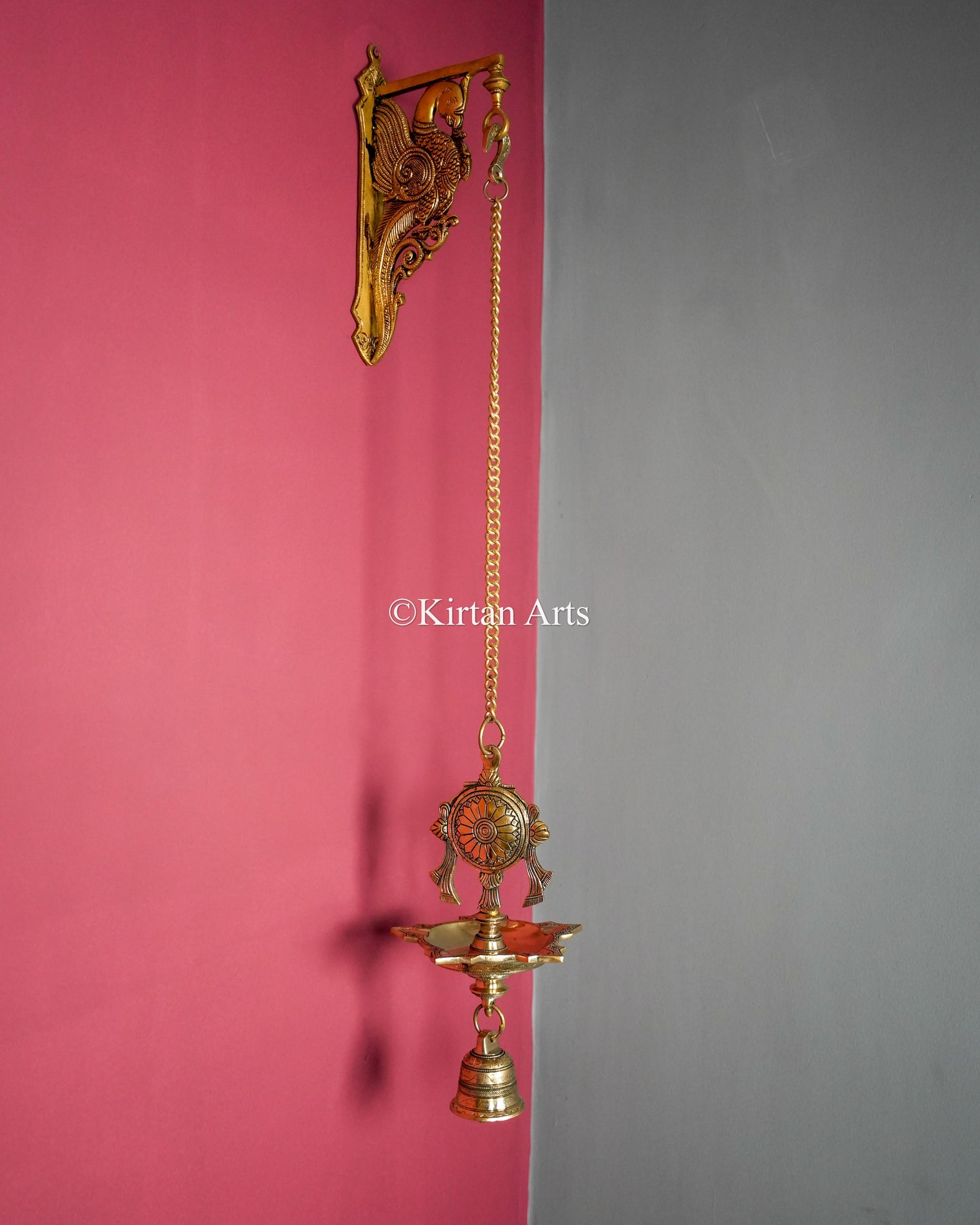 Premium Grand Solid Brass Hanging Shanku and Chakra Lamp Pair (5 Wick) – 36-Inch Traditional Chain Diya Set with Sacred Vaishnava Motifs and Heavy Bells