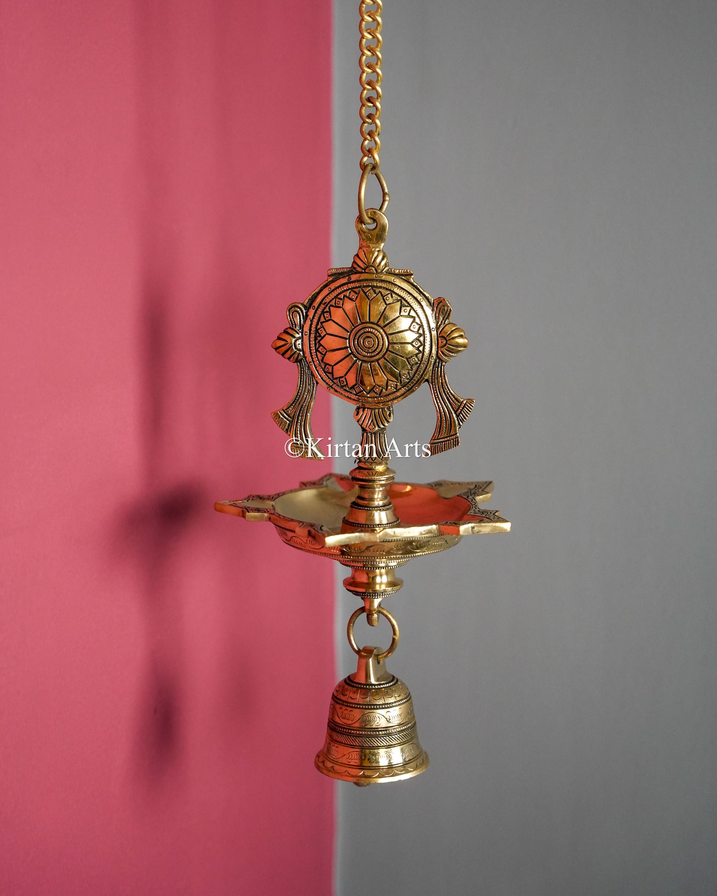 Premium Grand Solid Brass Hanging Shanku and Chakra Lamp Pair (5 Wick) – 36-Inch Traditional Chain Diya Set with Sacred Vaishnava Motifs and Heavy Bells