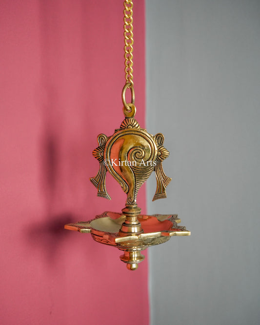Premium Grand Solid Brass Hanging Shanku and Chakra Lamp Pair (5 Wick) – 32-Inch Traditional Chain Diya Set with Sacred Vaishnava Motifs