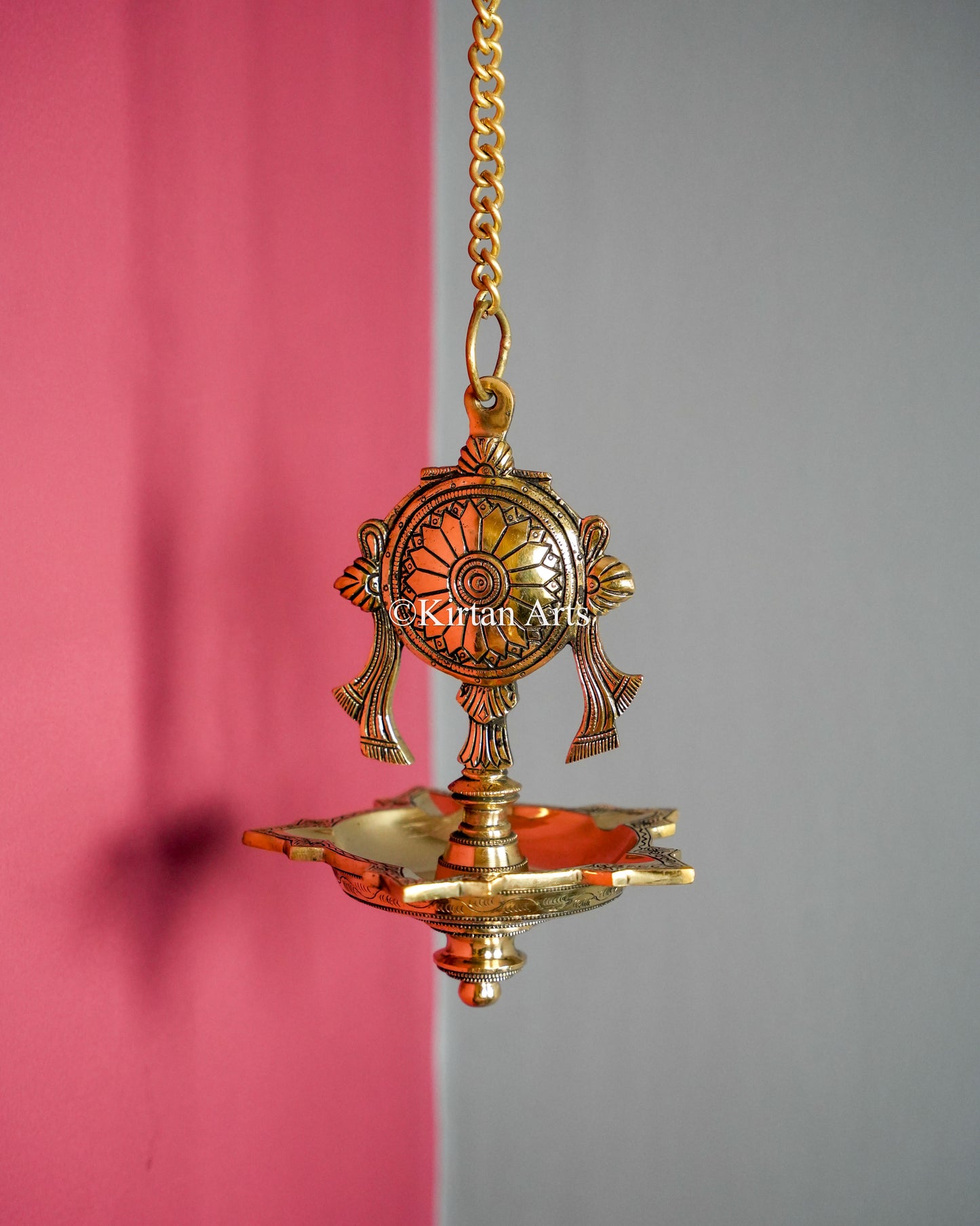Premium Grand Solid Brass Hanging Shanku and Chakra Lamp Pair (5 Wick) – 32-Inch Traditional Chain Diya Set with Sacred Vaishnava Motifs